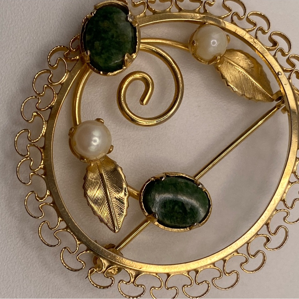 Gold-Filled 12K Brooch with Jade  Stones and Faux  Pearl Accents
